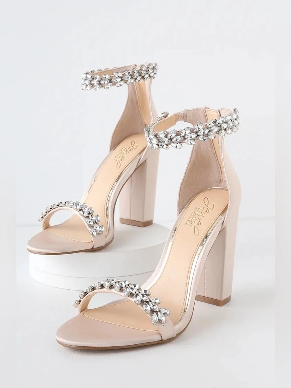 Jewel Badgley Mischka Mayra Block Heel Evening Embellished Sandals, Size 11, NEW